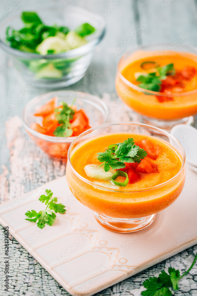 Gazpacho soup. Traditional spanish cold tomato soup of fresh raw vegetables Gazpacho soup. Traditional spanish cold tomato soup of fresh raw vegetables
