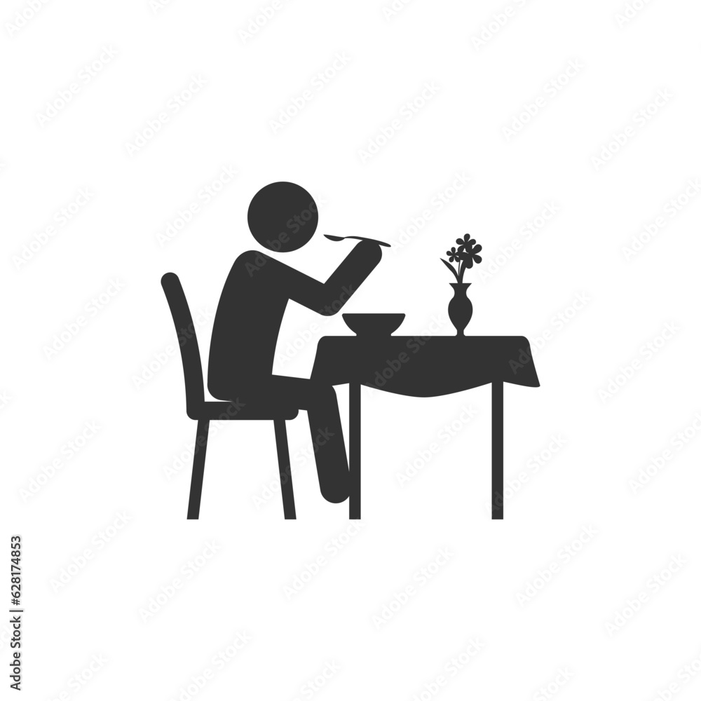 Fototapeta premium Human silhouette sits at dining table in restaurant icon vector sign