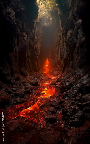 Step into a cataclysmic world of molten rock and fiery skies, as the volcanic landscape showcases nature's devastating beauty. Created with Generative AI technology