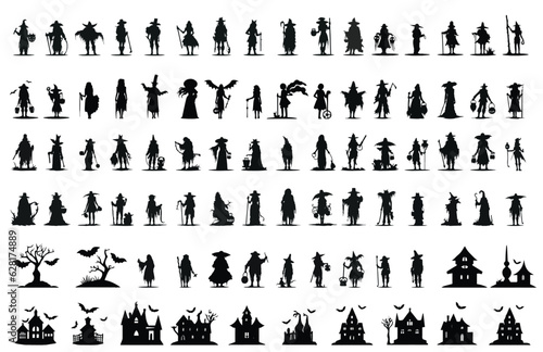 Vector Illustration of Halloween Silhouette Characters on White Background