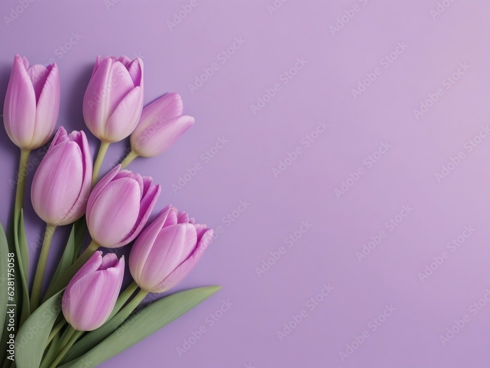Violet tulips on pastel violet background. Concept Women's Day, March 8. 8th march. Spring background. Flat lay, top view, copy space