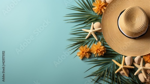 Vacation concept. An overhead shot of a Sun Hat with palm leaves. Background with space for promotion. Copy Space. Made With Generative AI.