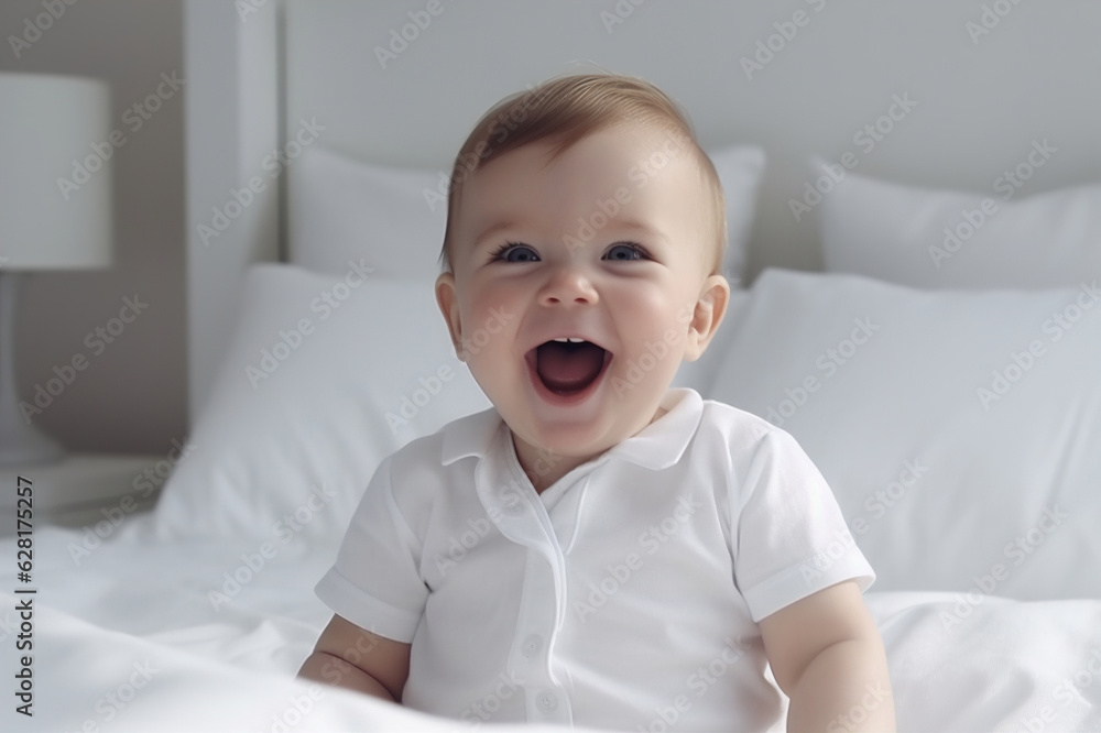 happy little baby 5-9 months old in a bodysuit sits on a bed on a white bed linen, smiling. The concept of children's products.. generative AI happy little baby 5-9 months old in a bodysuit sits on a bed on a white bed linen, smiling. The concept of children's products.. generative AI