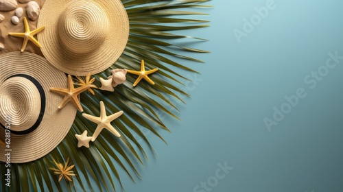 Vacation concept. An overhead shot of a Sun Hat with palm leaves. Background with space for promotion. Copy Space. Made With Generative AI.