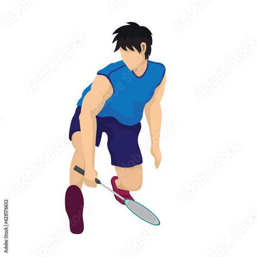 Badminton vector boy. Sport background with badminton athlete playing athletics competition. Isolated isometric people illustration.