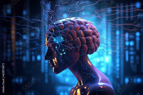 AI tech: Computers, monitors, cloud, and the human brain. Photo generative AI