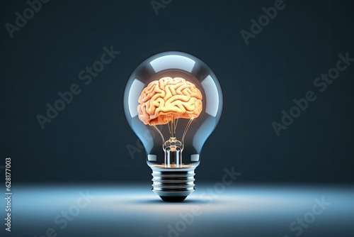 Brain in light bulb sparks creative ideas, brainstorming. Photo generative AI