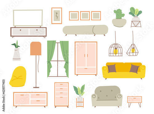 Home decor icon set, furniture interior decoration vector image