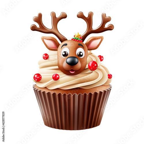 Christmas Cupcake with Reindeer Decorations Clipart Sublimation isolated on Transparent Background.