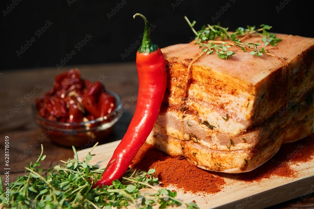 Raw bacon, grated with salt and spices. Hot pepper, herbs and tomato ketchup are nearby Raw bacon, grated with salt and spices. Hot pepper, herbs and tomato ketchup are nearby