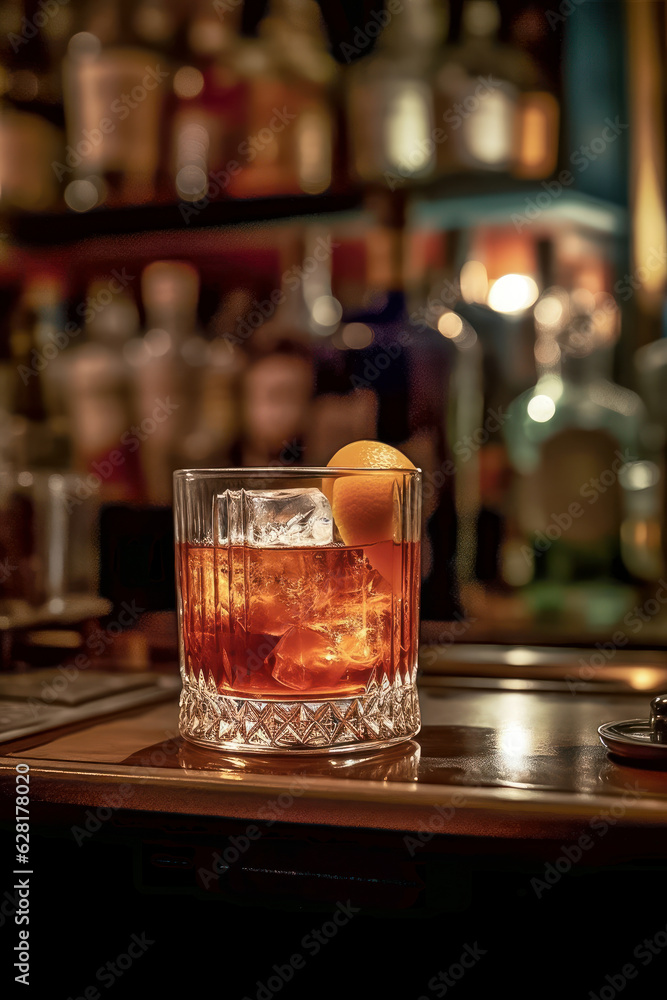 Glass of whiskey with ice, served on the counter of a bar. Generative AI. Glass of whiskey with ice, served on the counter of a bar. Generative AI.