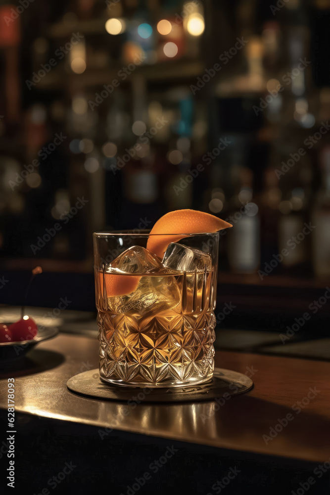 Glass of whiskey with ice, served on the counter of a bar. Generative AI. Glass of whiskey with ice, served on the counter of a bar. Generative AI.