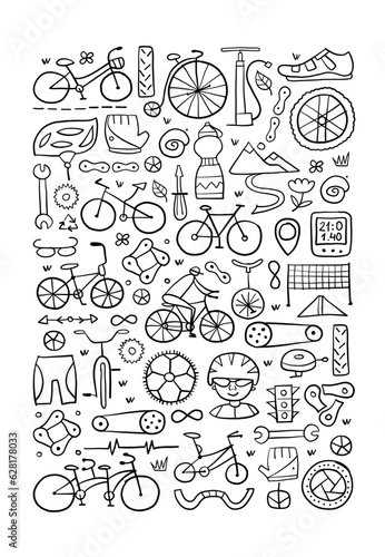 Bicycle time. Types of bicycles, tools and spare parts. Vertical frame for your design - print, cards, t-shirts etc