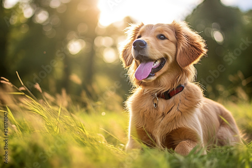Golden Retriever puppy portrait in grass with a sunlight backdrop. By Generative AI.