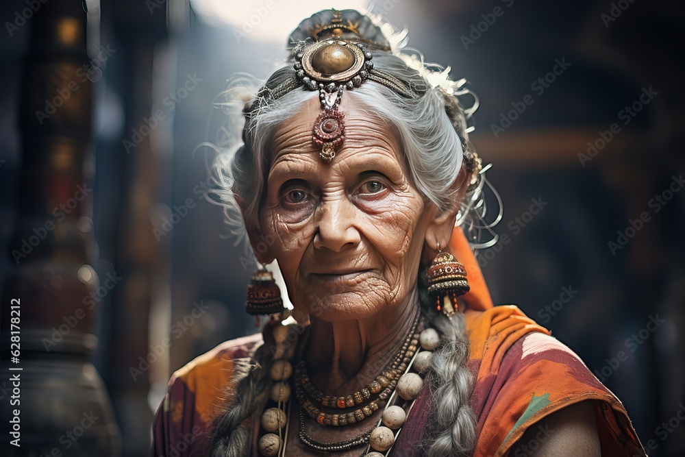 Portrait of an elder Indian woman. A beautiful elder woman in a traditional Hindu dress and jewelry looking at camera.