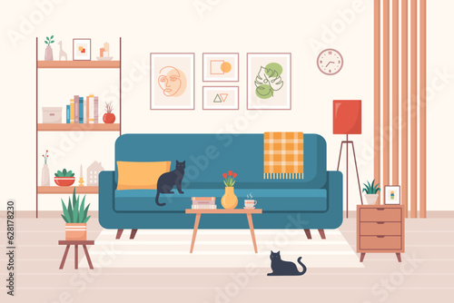 Cozy home interior design concept. Living room interior. Vector illustration in flat style