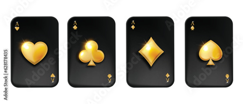 3D golden black poker card ace set, vector game UI casino Texas royal holdem online gambling kit. Vegas luxury VIP winner emblem, shiny hearts jewellery symbol isolated on white. Four ace card clipart