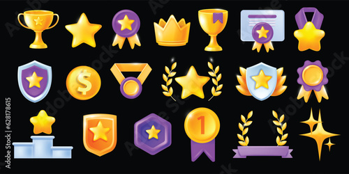 3D high quality icon set, vector professional recognition award medal kit, UI game level up reward. Golden cup, guarantee medal diploma, certified winner shield, customer prize crown. Quality icon