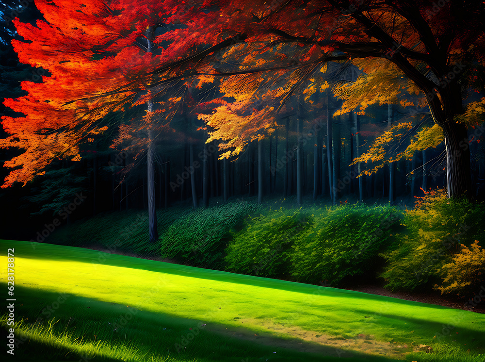 Colorful fall landscape with volumetric coniferous trees.