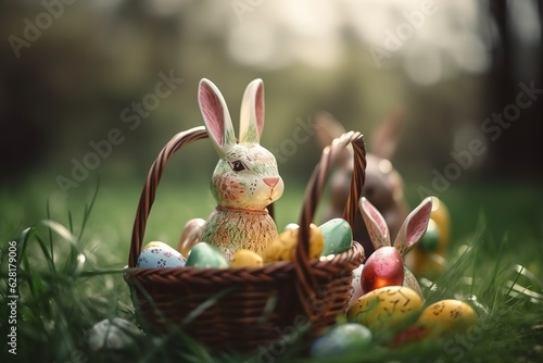 rabbit sitting on a straw basket with colourful easter eggs