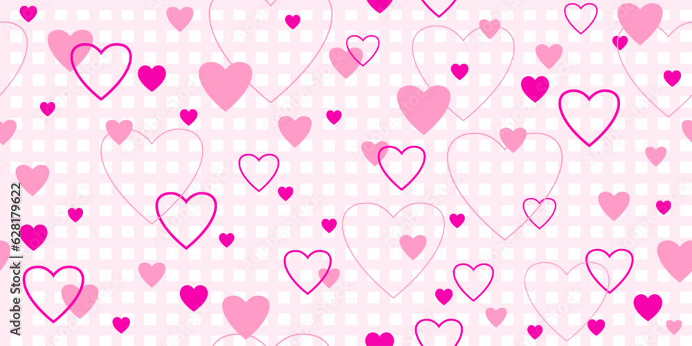 Pink hearts on checkered background
