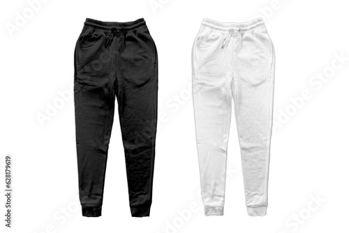 Black and white sweat pants or joggers mockup isolated on white background. unisex sport pants. 3d rendering. photo