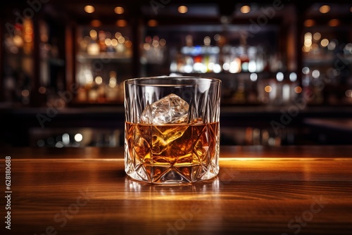 Close-up view of a glass of whiskey.