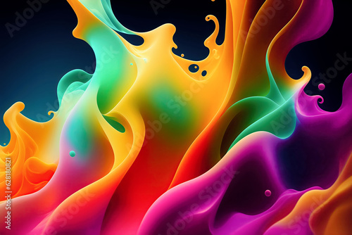 Splash rainbow colors stain on a vibrant background. liquid ink stain colorful on dark background. Generative ai