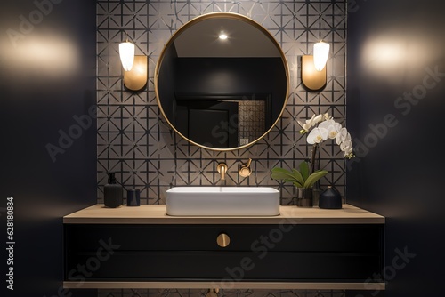 Wallpaper Mural A chic and glamorous powder room with a statement wallpaper, a decorative vanity, and gold accents for a touch of luxury. Generative AI Torontodigital.ca