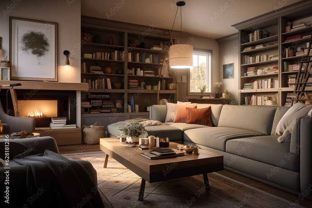 A cozy and inviting family room with a plush sectional and a statement fireplace, perfect for cozy evenings at home. Generative AI A cozy and inviting family room with a plush sectional and a statement fireplace, perfect for cozy evenings at home. Generative AI