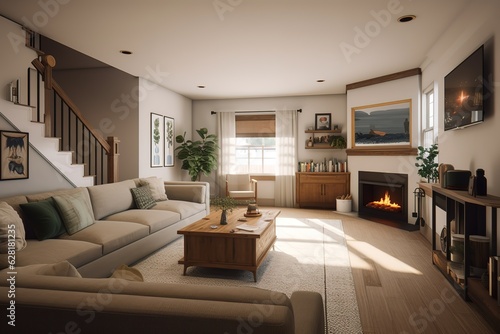 A cozy and inviting family room with a plush sectional and a statement fireplace  perfect for cozy evenings at home. Generative AI