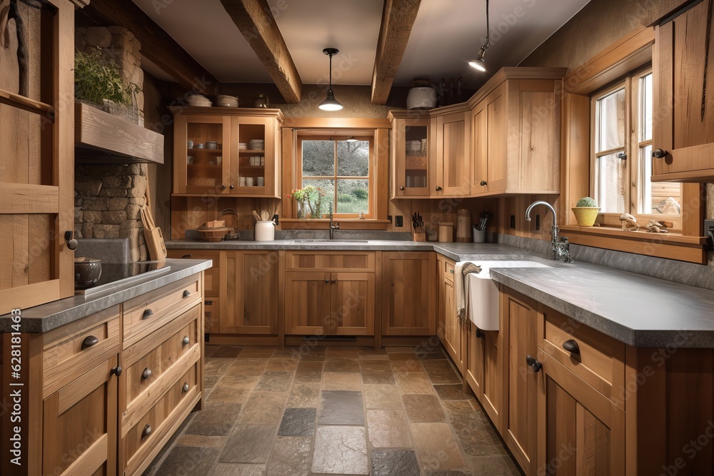 A cozy and rustic cabin-style kitchen with wooden. Generated AI A cozy and rustic cabin-style kitchen with wooden. Generated AI