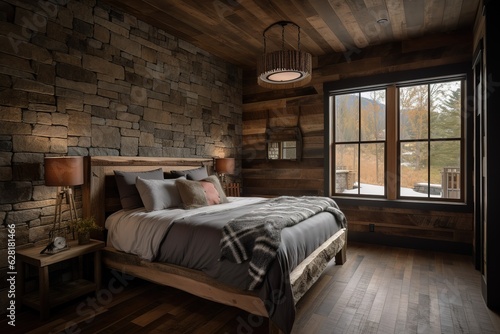 A cozy and rustic cabin-style bedroom with a wood. Generated AI