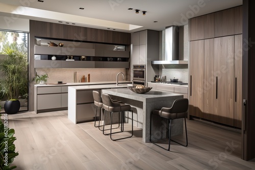 a sleek, modern kitchen with stainless steel counters and a glass backsplash. generative ai © create interior
