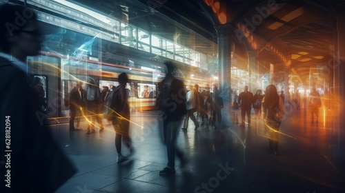 Fast moving energetic crowd movement, motion blurred people walking with long exposure, motion speed blur. Generative AI