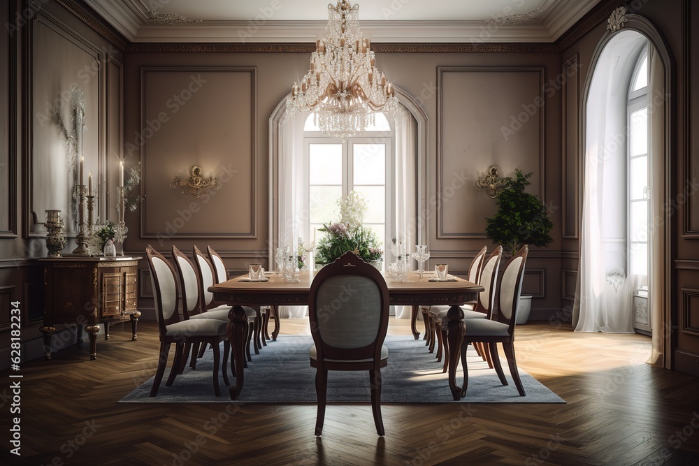 A traditional and elegant dining room with a wood. generative ai