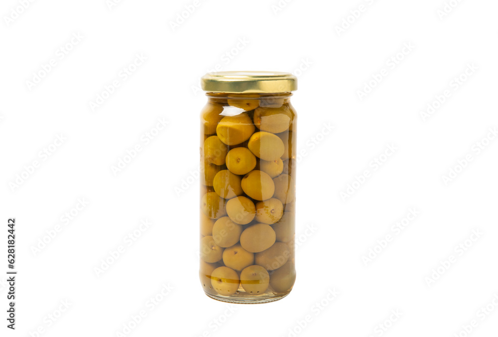 Delicious green olives in a jar isolated on white background. Pickled olives in a glass jar. Delicious olives. Close-up. Vegan. Delicious green olives in a jar isolated on white background. Pickled olives in a glass jar. Delicious olives. Close-up. Vegan.