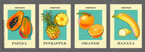 Templates with fruits. Papaya, banana, orange, pineapple. Set of posters. Art for postcards, wall art, banner, background, labels, covers, price tags, packaging. Vector illustration.