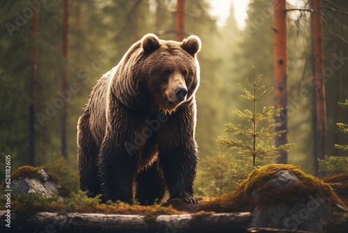 Big bear in the summer forest. The bear looks at the camera with curiosity.