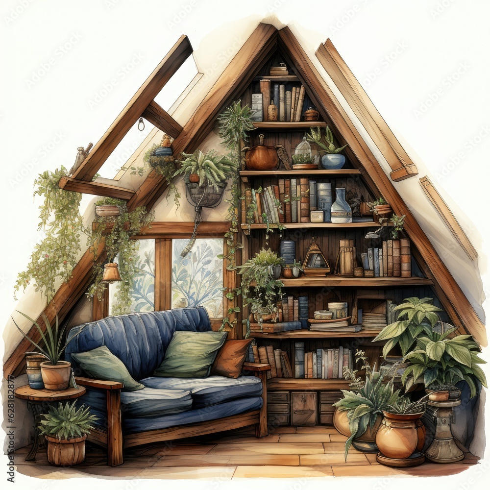 Hand Painted Watercolor, Clipart, on White Background, Book Nook in an Attic with Slanted Ceiling, Books, and a Window Seat Hand Painted Watercolor, Clipart, on White Background, Book Nook in an Attic with Slanted Ceiling, Books, and a Window Seat