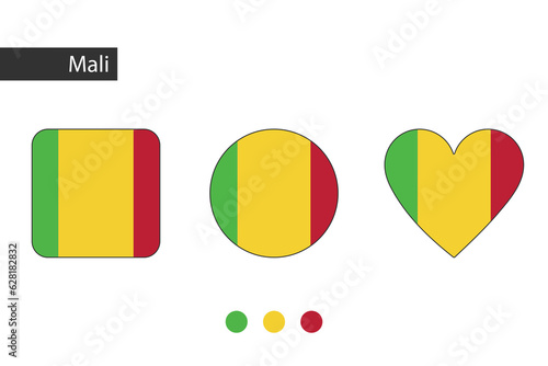 Mali 3 shapes (square, circle, heart) with city flag. Isolated on white background.