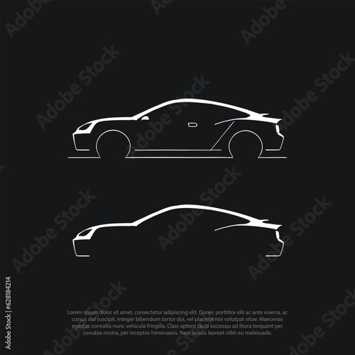 Set of modern car silhouettes. Sports car in three angles. Vector illustration, isolated black and white color, simple car logo, for showroom, car rent, vehicle shop, paint care, carwash, repair