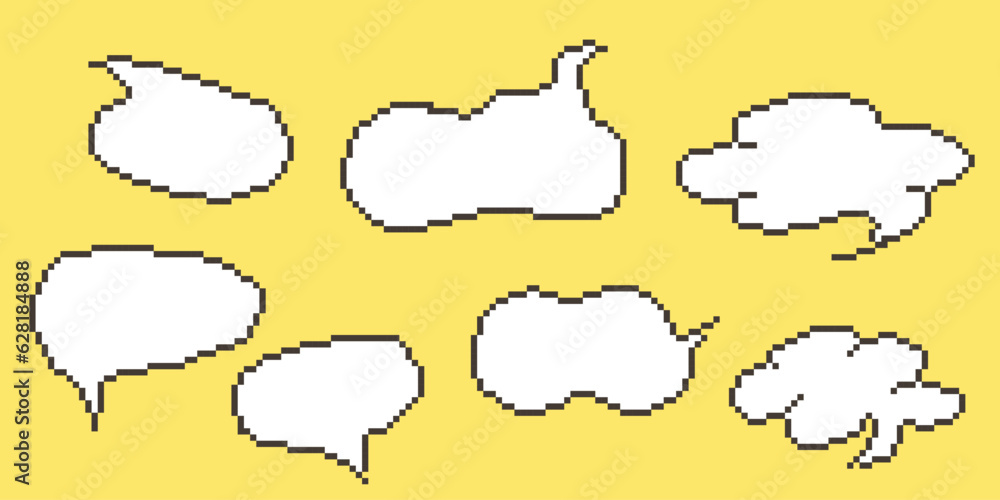 Pixel speech bubble Collection chart dialogue boxes. Retro game 8 bit line text box. Yellow, Black and white color empty pixelated message bar. Quote cloud frames. Flat design vector illustration