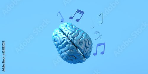 Artificial intelligence concept in music with brain and musical notes. Copy space. 3D illustration.