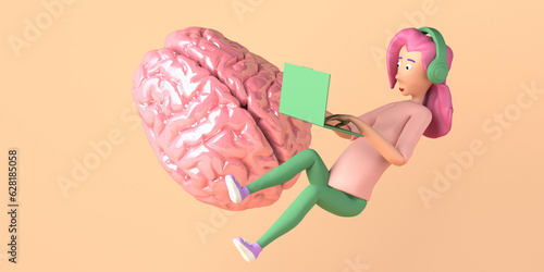 Artificial intelligence concept with woman using a laptop and giant brain. 3D illustration.
