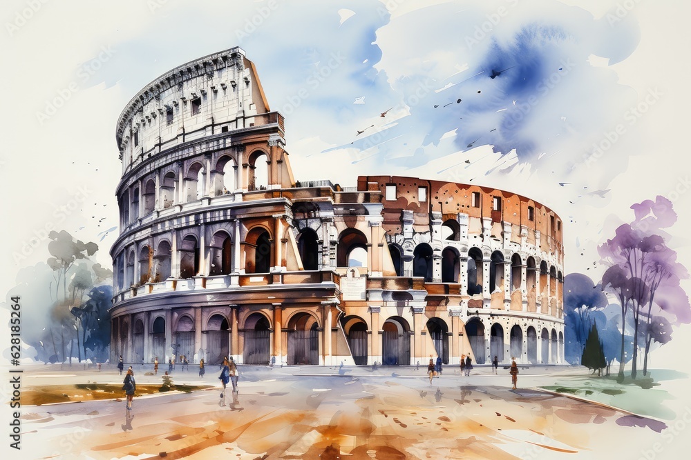 Watercolor Roman Colosseum with paint splatter. Ancient Roman amphitheater. Generative AI