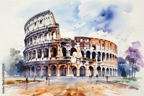 Print op canvas Watercolor Roman Colosseum with paint splatter