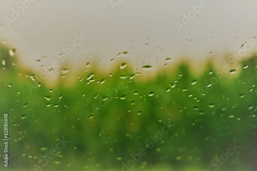 Abstraktes Motiv mit Regentropfenmuster auf Glasscheibe vor grünem Maisfeld und Himmel bei Regen am Mittag im Sommer