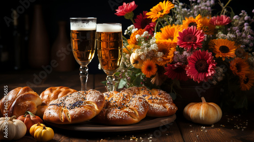 Craft beer and freshly baked rolls and pies on the table at the deluxe restaurant  beer festival  oktoberfest  generative AI