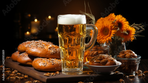 Craft beer and freshly baked rolls and pies on the table at the deluxe restaurant, beer festival, oktoberfest, generative AI